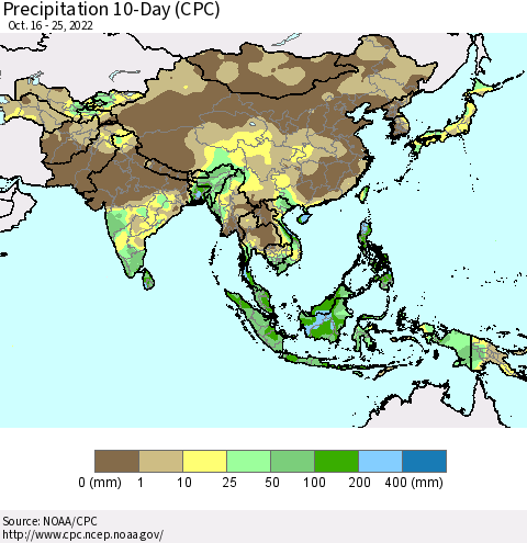 Asia Precipitation 10-Day (CPC) Thematic Map For 10/16/2022 - 10/25/2022