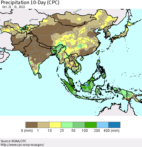 Asia Precipitation 10-Day (CPC) Thematic Map For 10/21/2022 - 10/31/2022