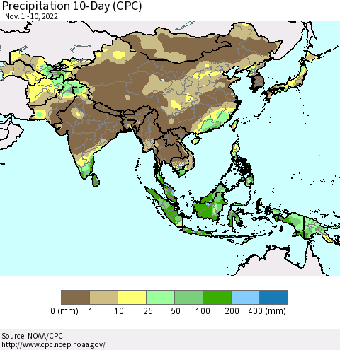 Asia Precipitation 10-Day (CPC) Thematic Map For 11/1/2022 - 11/10/2022