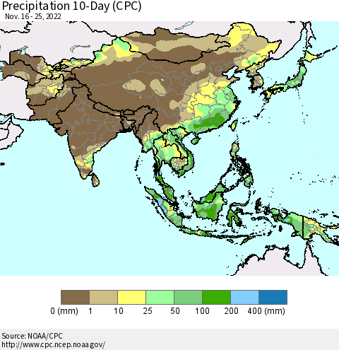 Asia Precipitation 10-Day (CPC) Thematic Map For 11/16/2022 - 11/25/2022