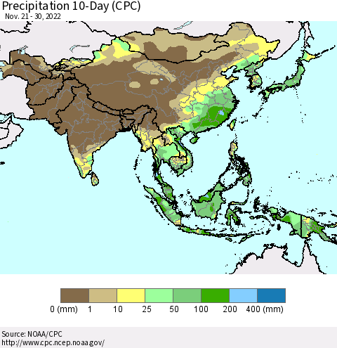 Asia Precipitation 10-Day (CPC) Thematic Map For 11/21/2022 - 11/30/2022