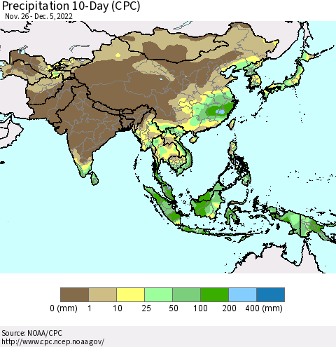 Asia Precipitation 10-Day (CPC) Thematic Map For 11/26/2022 - 12/5/2022