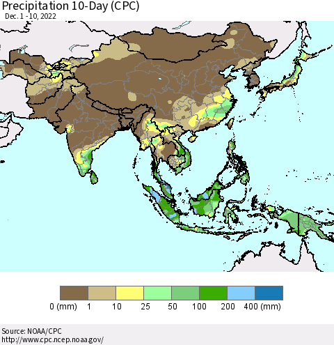 Asia Precipitation 10-Day (CPC) Thematic Map For 12/1/2022 - 12/10/2022