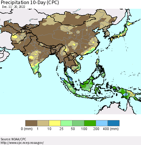Asia Precipitation 10-Day (CPC) Thematic Map For 12/11/2022 - 12/20/2022