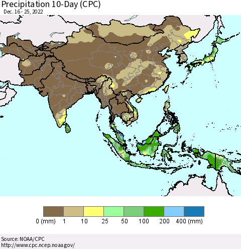 Asia Precipitation 10-Day (CPC) Thematic Map For 12/16/2022 - 12/25/2022