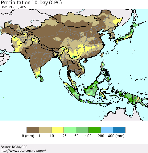 Asia Precipitation 10-Day (CPC) Thematic Map For 12/21/2022 - 12/31/2022