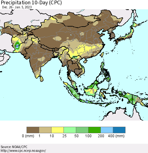 Asia Precipitation 10-Day (CPC) Thematic Map For 12/26/2022 - 1/5/2023