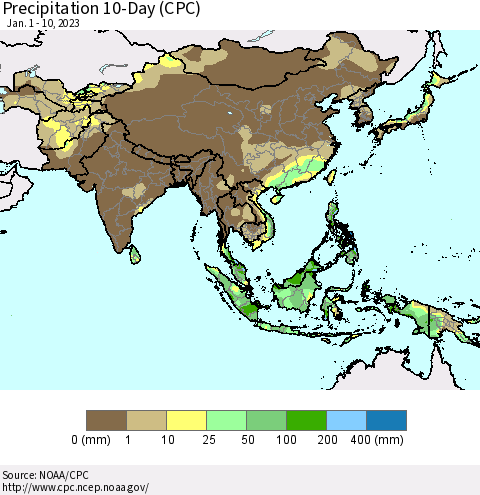 Asia Precipitation 10-Day (CPC) Thematic Map For 1/1/2023 - 1/10/2023