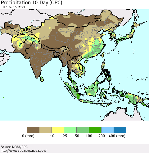Asia Precipitation 10-Day (CPC) Thematic Map For 1/6/2023 - 1/15/2023