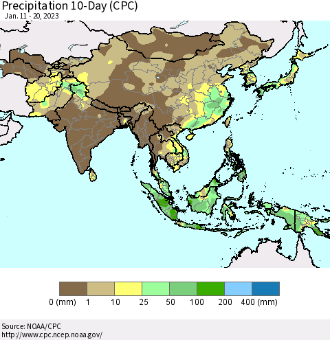 Asia Precipitation 10-Day (CPC) Thematic Map For 1/11/2023 - 1/20/2023