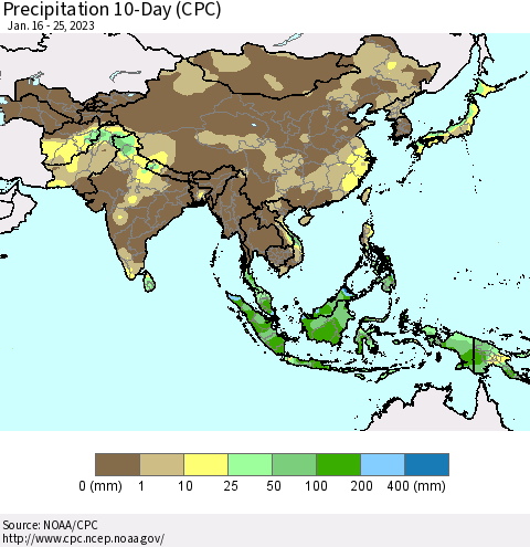 Asia Precipitation 10-Day (CPC) Thematic Map For 1/16/2023 - 1/25/2023
