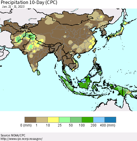 Asia Precipitation 10-Day (CPC) Thematic Map For 1/21/2023 - 1/31/2023