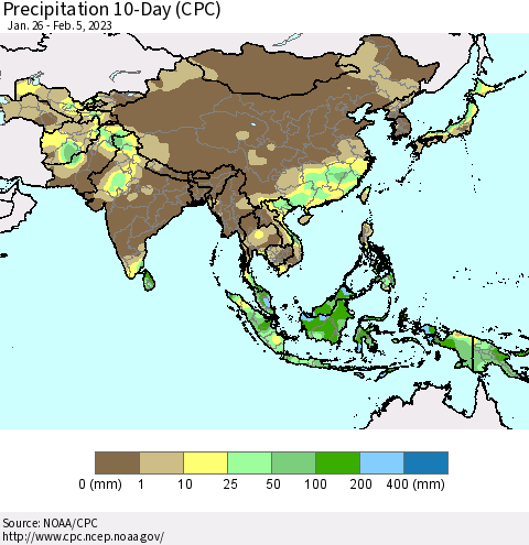 Asia Precipitation 10-Day (CPC) Thematic Map For 1/26/2023 - 2/5/2023