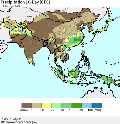 Asia Precipitation 10-Day (CPC) Thematic Map For 2/1/2023 - 2/10/2023