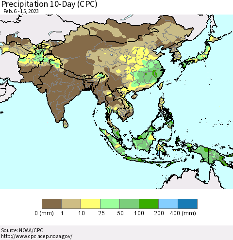 Asia Precipitation 10-Day (CPC) Thematic Map For 2/6/2023 - 2/15/2023