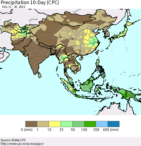 Asia Precipitation 10-Day (CPC) Thematic Map For 2/11/2023 - 2/20/2023