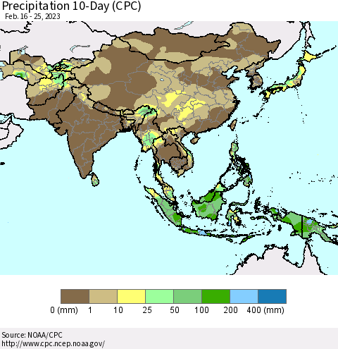 Asia Precipitation 10-Day (CPC) Thematic Map For 2/16/2023 - 2/25/2023