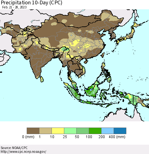 Asia Precipitation 10-Day (CPC) Thematic Map For 2/21/2023 - 2/28/2023