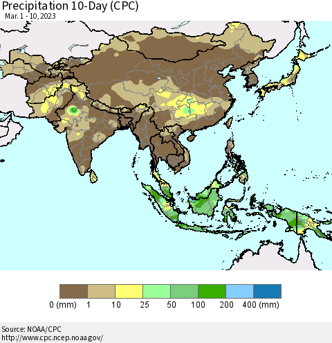 Asia Precipitation 10-Day (CPC) Thematic Map For 3/1/2023 - 3/10/2023