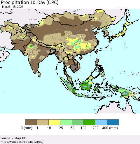 Asia Precipitation 10-Day (CPC) Thematic Map For 3/6/2023 - 3/15/2023