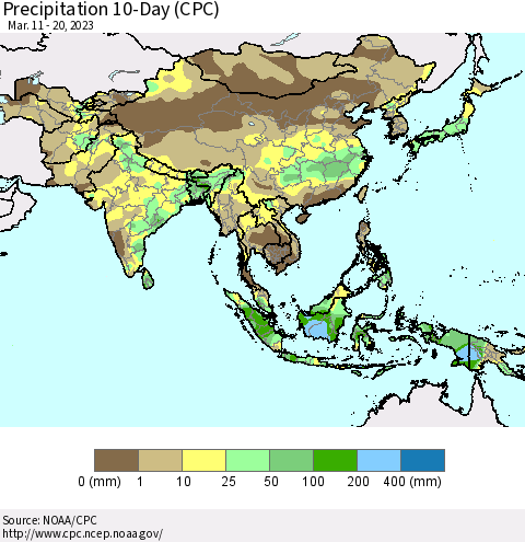 Asia Precipitation 10-Day (CPC) Thematic Map For 3/11/2023 - 3/20/2023