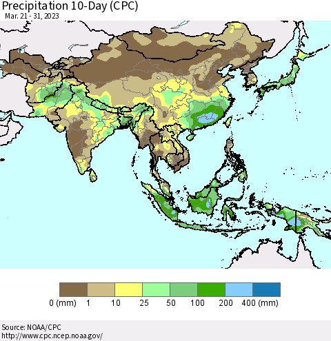 Asia Precipitation 10-Day (CPC) Thematic Map For 3/21/2023 - 3/31/2023