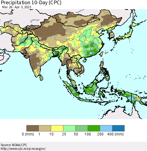 Asia Precipitation 10-Day (CPC) Thematic Map For 3/26/2023 - 4/5/2023