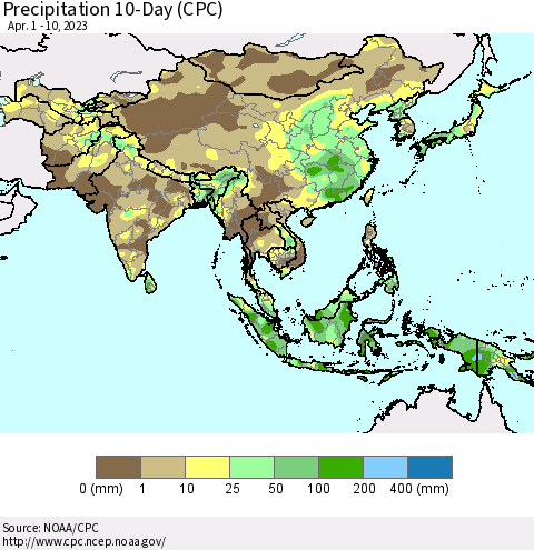 Asia Precipitation 10-Day (CPC) Thematic Map For 4/1/2023 - 4/10/2023