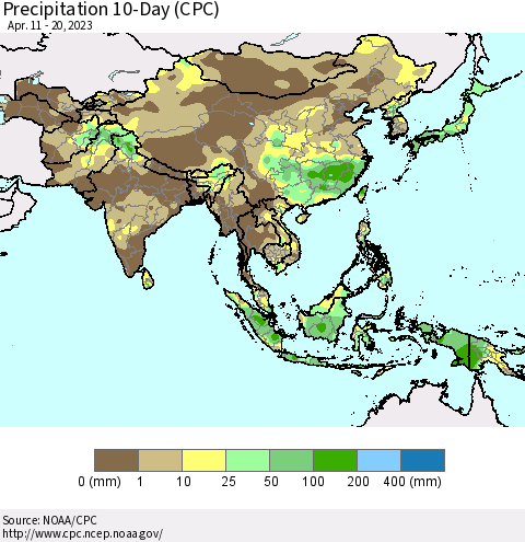 Asia Precipitation 10-Day (CPC) Thematic Map For 4/11/2023 - 4/20/2023