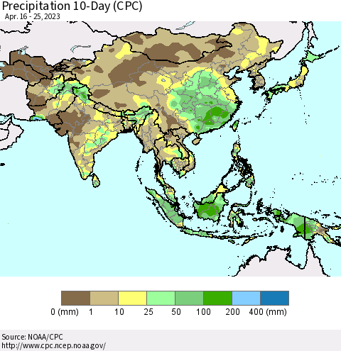 Asia Precipitation 10-Day (CPC) Thematic Map For 4/16/2023 - 4/25/2023