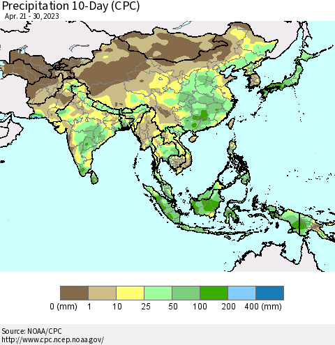 Asia Precipitation 10-Day (CPC) Thematic Map For 4/21/2023 - 4/30/2023