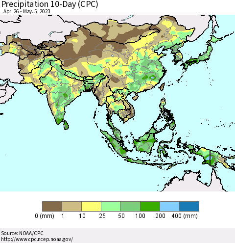 Asia Precipitation 10-Day (CPC) Thematic Map For 4/26/2023 - 5/5/2023
