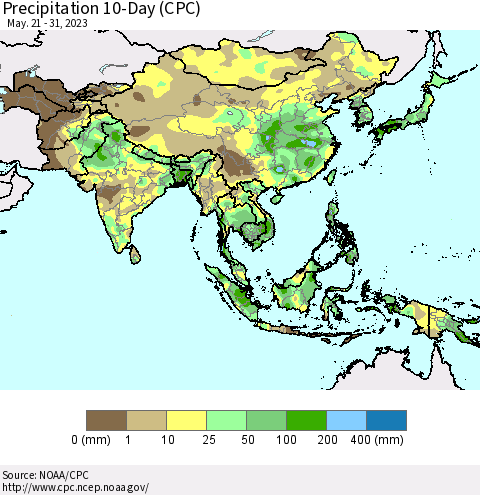 Asia Precipitation 10-Day (CPC) Thematic Map For 5/21/2023 - 5/31/2023