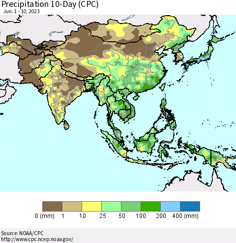Asia Precipitation 10-Day (CPC) Thematic Map For 6/1/2023 - 6/10/2023