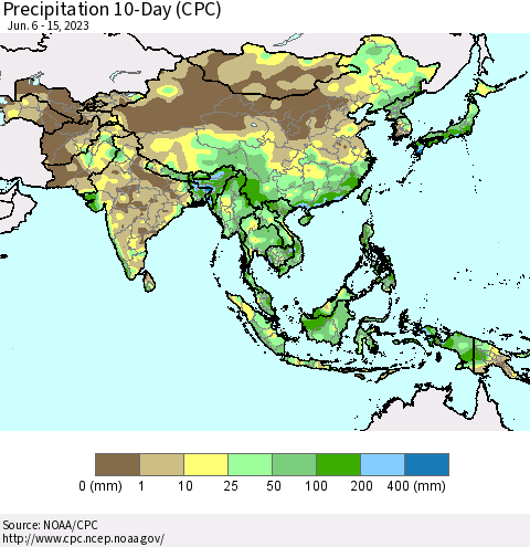 Asia Precipitation 10-Day (CPC) Thematic Map For 6/6/2023 - 6/15/2023