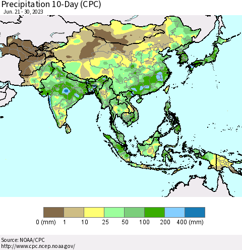 Asia Precipitation 10-Day (CPC) Thematic Map For 6/21/2023 - 6/30/2023