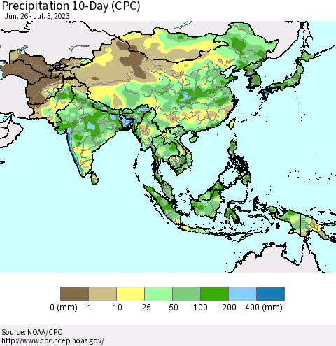 Asia Precipitation 10-Day (CPC) Thematic Map For 6/26/2023 - 7/5/2023