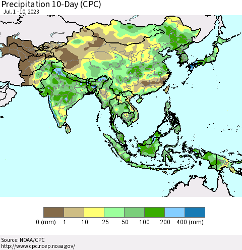 Asia Precipitation 10-Day (CPC) Thematic Map For 7/1/2023 - 7/10/2023