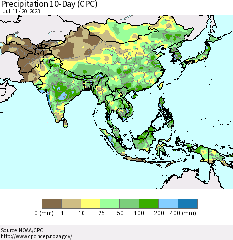 Asia Precipitation 10-Day (CPC) Thematic Map For 7/11/2023 - 7/20/2023