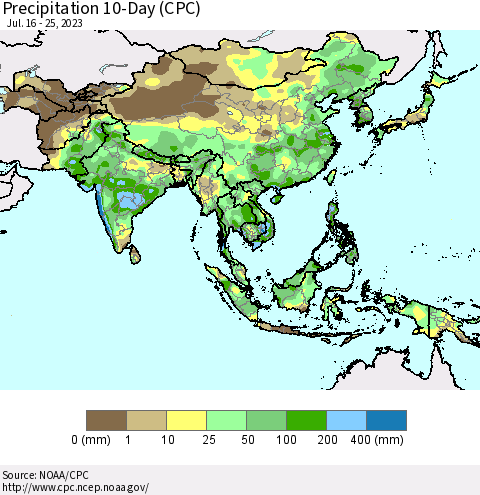Asia Precipitation 10-Day (CPC) Thematic Map For 7/16/2023 - 7/25/2023