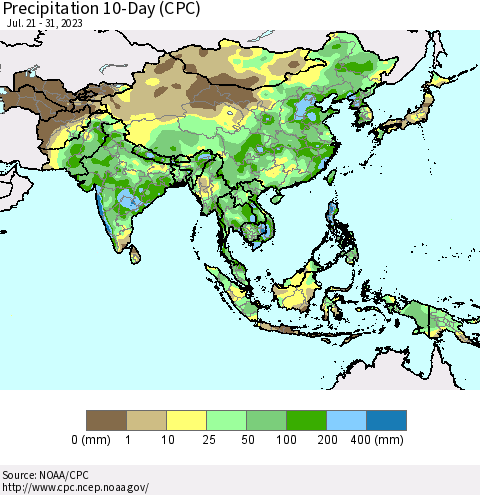 Asia Precipitation 10-Day (CPC) Thematic Map For 7/21/2023 - 7/31/2023