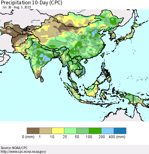 Asia Precipitation 10-Day (CPC) Thematic Map For 7/26/2023 - 8/5/2023