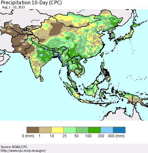 Asia Precipitation 10-Day (CPC) Thematic Map For 8/1/2023 - 8/10/2023