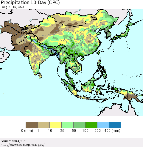 Asia Precipitation 10-Day (CPC) Thematic Map For 8/6/2023 - 8/15/2023