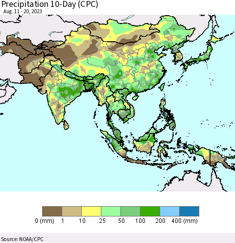 Asia Precipitation 10-Day (CPC) Thematic Map For 8/11/2023 - 8/20/2023