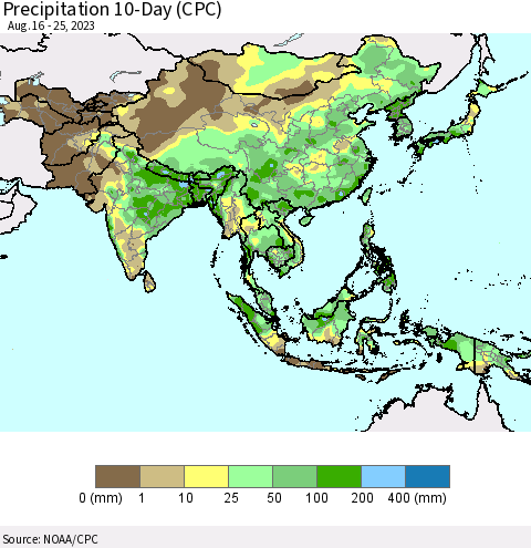 Asia Precipitation 10-Day (CPC) Thematic Map For 8/16/2023 - 8/25/2023