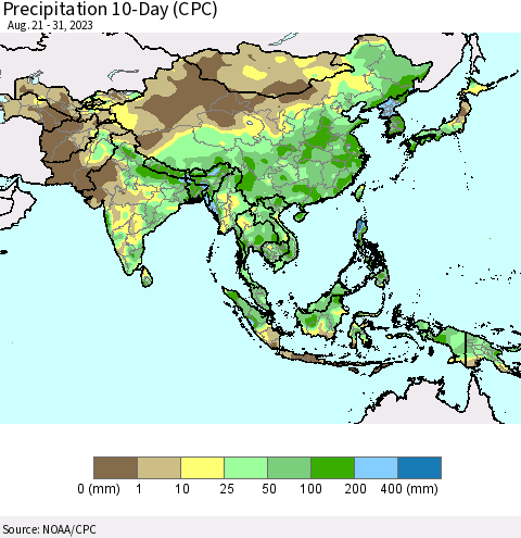 Asia Precipitation 10-Day (CPC) Thematic Map For 8/21/2023 - 8/31/2023