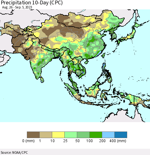 Asia Precipitation 10-Day (CPC) Thematic Map For 8/26/2023 - 9/5/2023