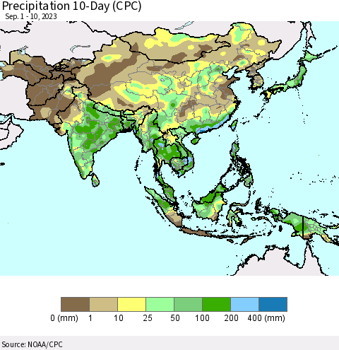 Asia Precipitation 10-Day (CPC) Thematic Map For 9/1/2023 - 9/10/2023