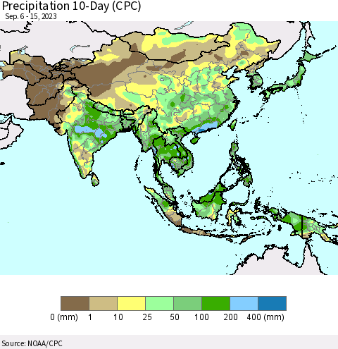 Asia Precipitation 10-Day (CPC) Thematic Map For 9/6/2023 - 9/15/2023